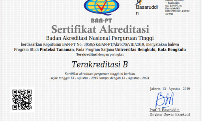 Status Akreditasi Prodi Proteksi Tanaman 2019-2024